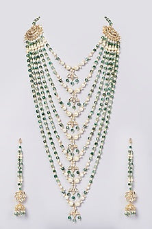 Gold Finish Kundan Polki & Green Drop Layered Necklace Set