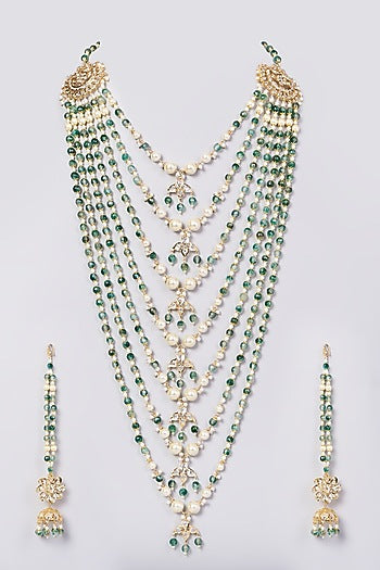 Gold Finish Kundan Polki & Green Drop Layered Necklace Set