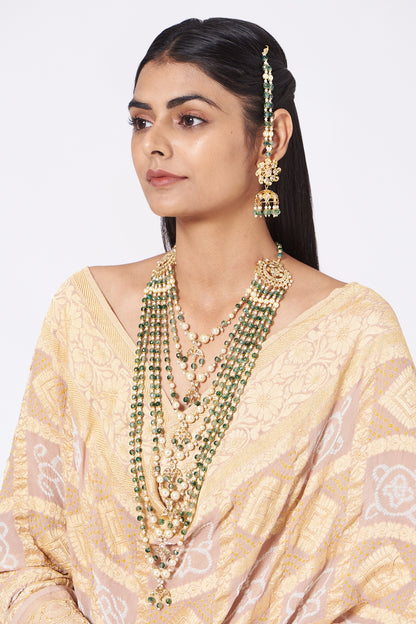 Gold Finish Kundan Polki & Green Drop Layered Necklace Set