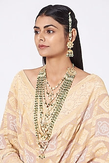 Gold Finish Kundan Polki & Green Drop Layered Necklace Set