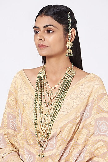 Gold Finish Kundan Polki & Green Drop Layered Necklace Set