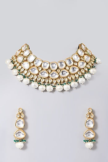 Gold Finish Kundan Polki & Green Beaded Necklace Set