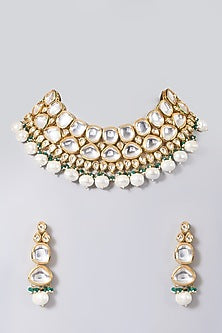 Gold Finish Kundan Polki & Green Beaded Necklace Set
