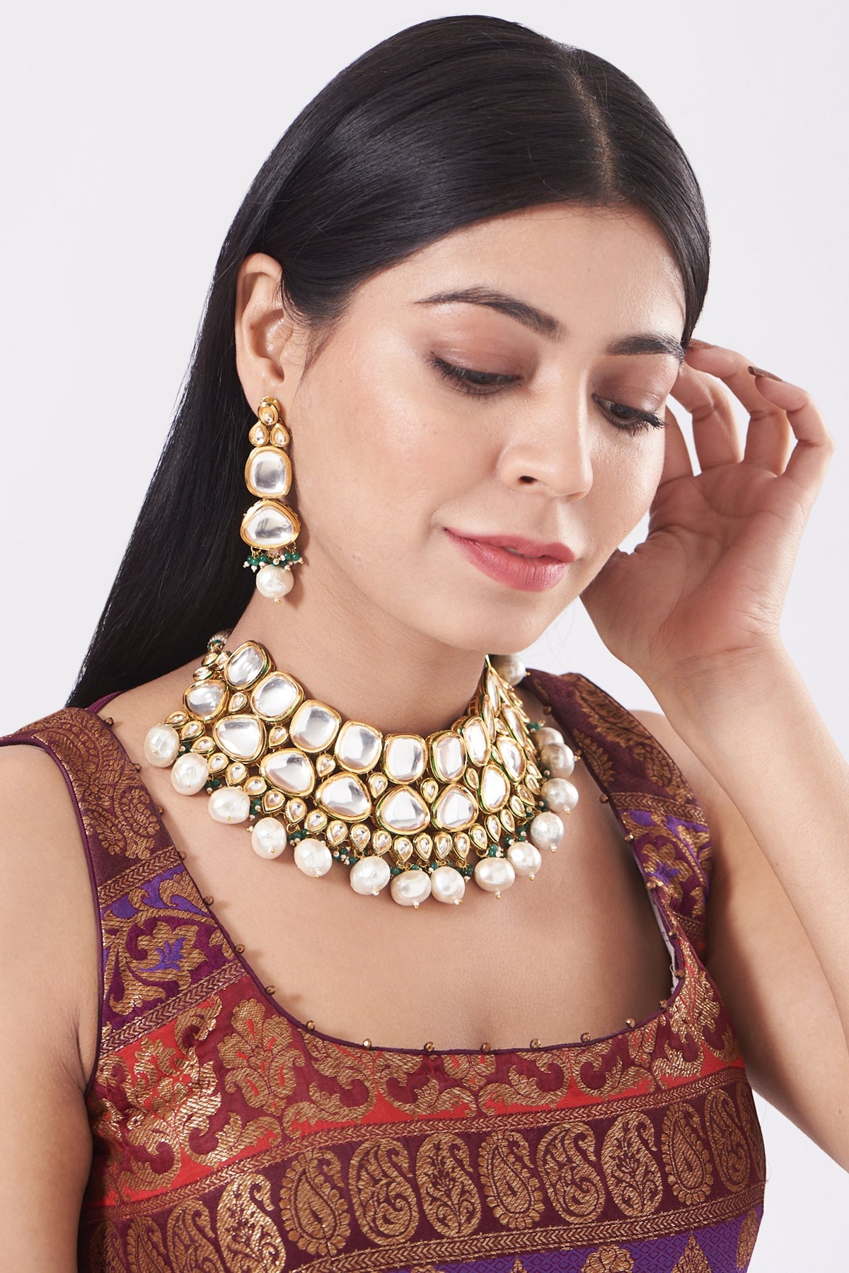 Gold Finish Kundan Polki & Green Beaded Necklace Set