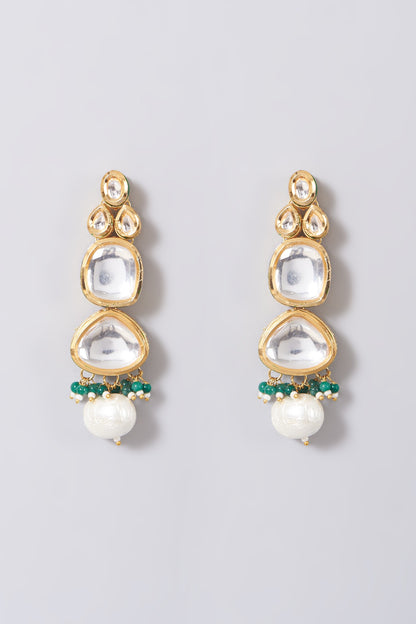 Gold Finish Kundan Polki & Green Beaded Necklace Set