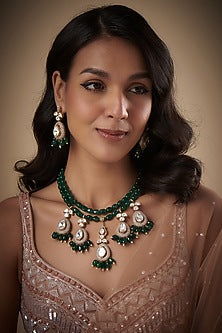 Gold Finish Kundan Polki & Green Stone Necklace Set