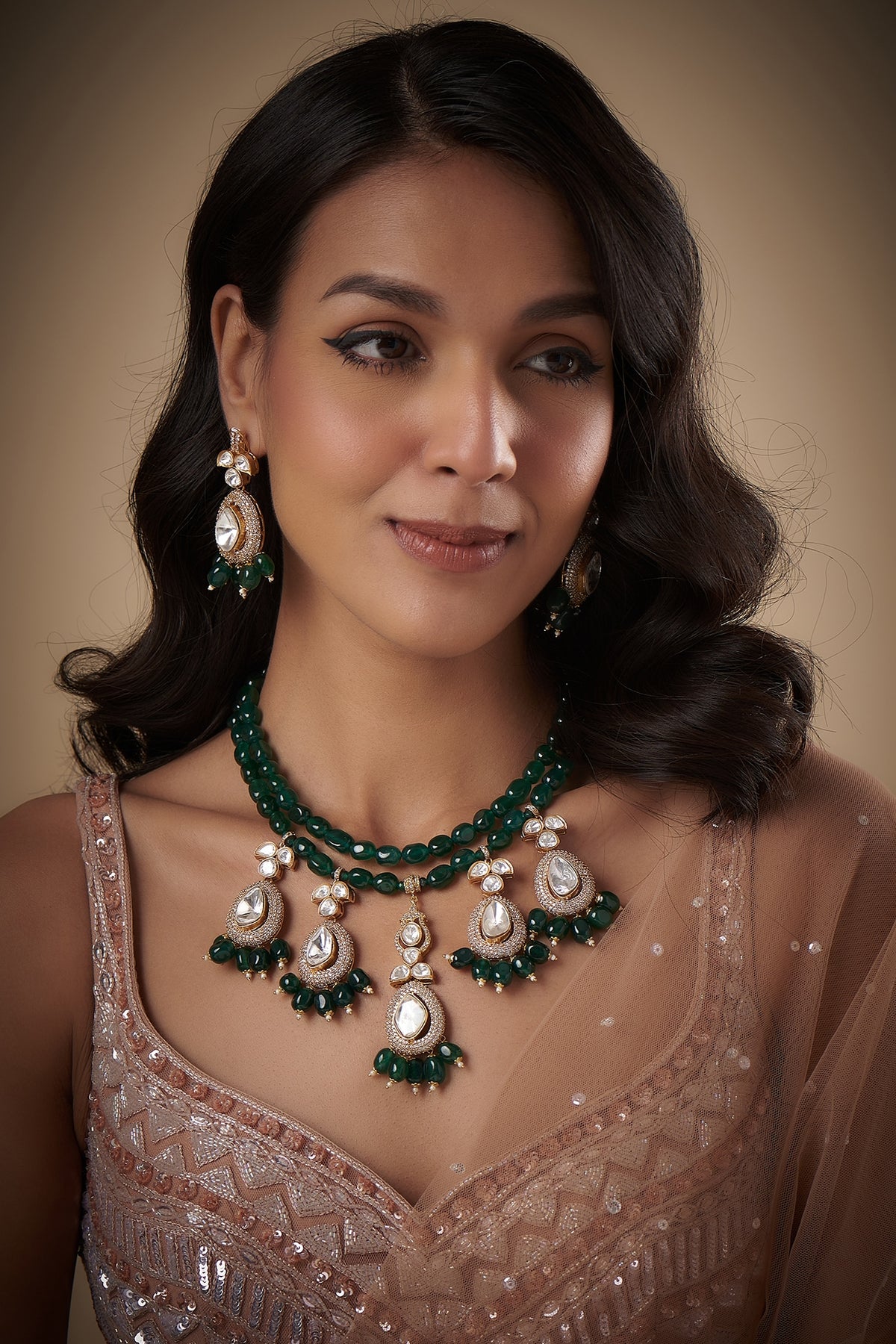 Gold Finish Kundan Polki & Green Stone Necklace Set