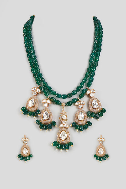 Gold Finish Kundan Polki & Green Stone Necklace Set