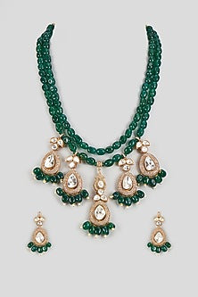 Gold Finish Kundan Polki & Green Stone Necklace Set
