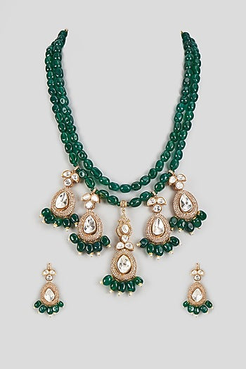 Gold Finish Kundan Polki & Green Stone Necklace Set