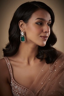 Gold Finish Kundan Polki & Green Stone Danglers Earrings