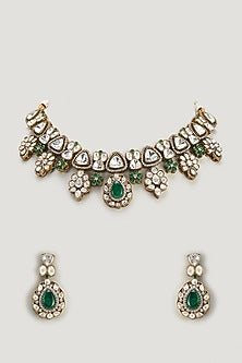 Two Tone Finish Kundan Polki & Emerald Choker Necklace Set