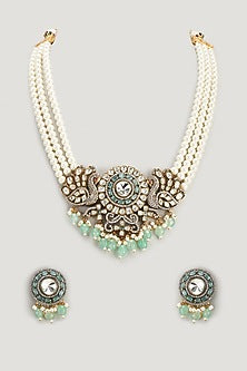 Two Tone Finish Kundan Polki & Emerald Long Necklace Set