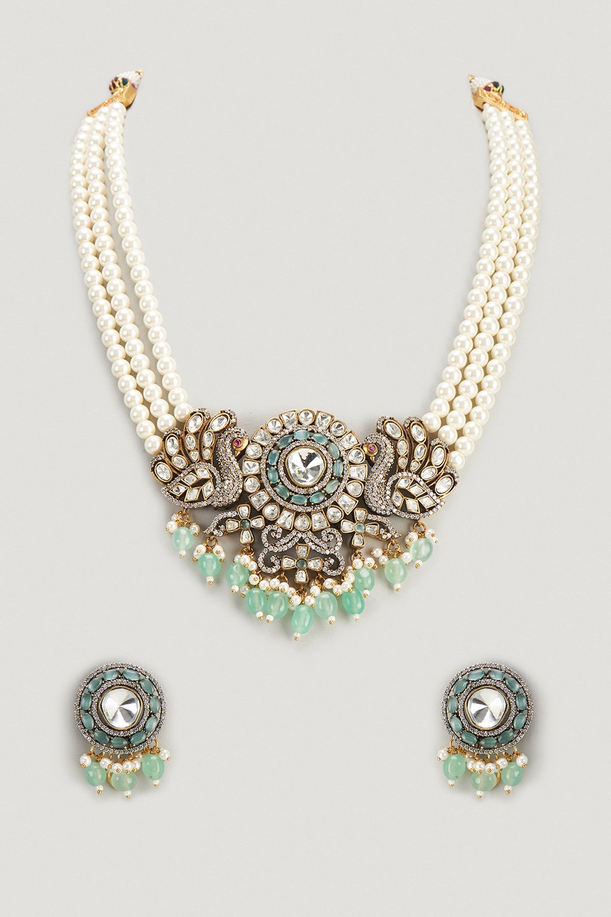 Two Tone Finish Kundan Polki & Emerald Long Necklace Set