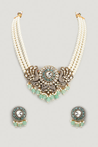 Two Tone Finish Kundan Polki & Emerald Long Necklace Set
