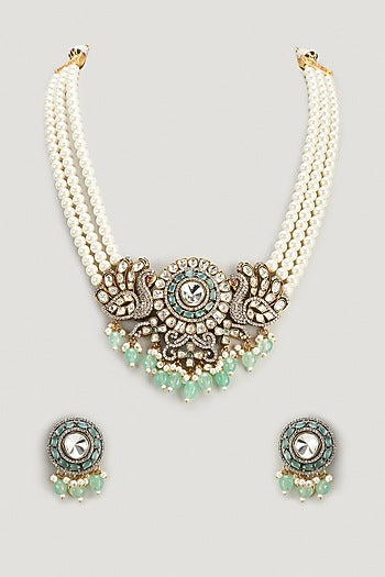 Two Tone Finish Kundan Polki & Emerald Long Necklace Set