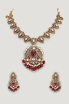 Gold Finish Kundan Polki & Ruby Long Necklace Set