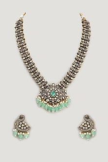Two Tone Finish Kundan Polki & Green Stone Long Necklace Set