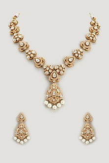 Gold Finish Kundan Polki & Pearl Long Necklace Set