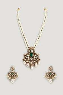 Two Tone Finish Kundan Polki & Green Stone Long Necklace Set