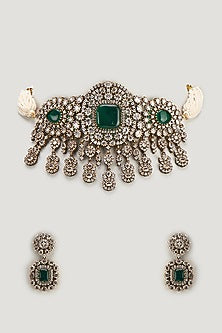 Two Tone Finish Kundan Polki & Green Stone Choker Necklace Set