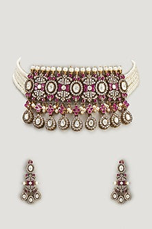 Two Tone Finish Kundan Polki & Pink Stone Choker Necklace Set