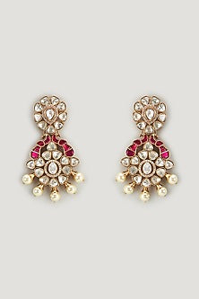 Gold Finish Kundan Polki & Red Stone Dangler Earrings