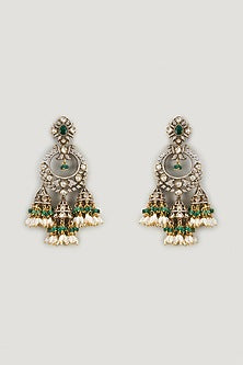 Two Tone Finish Kundan Polki & Green Stone Jhumka Earrings