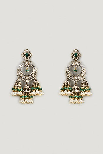 Two Tone Finish Kundan Polki & Green Stone Jhumka Earrings