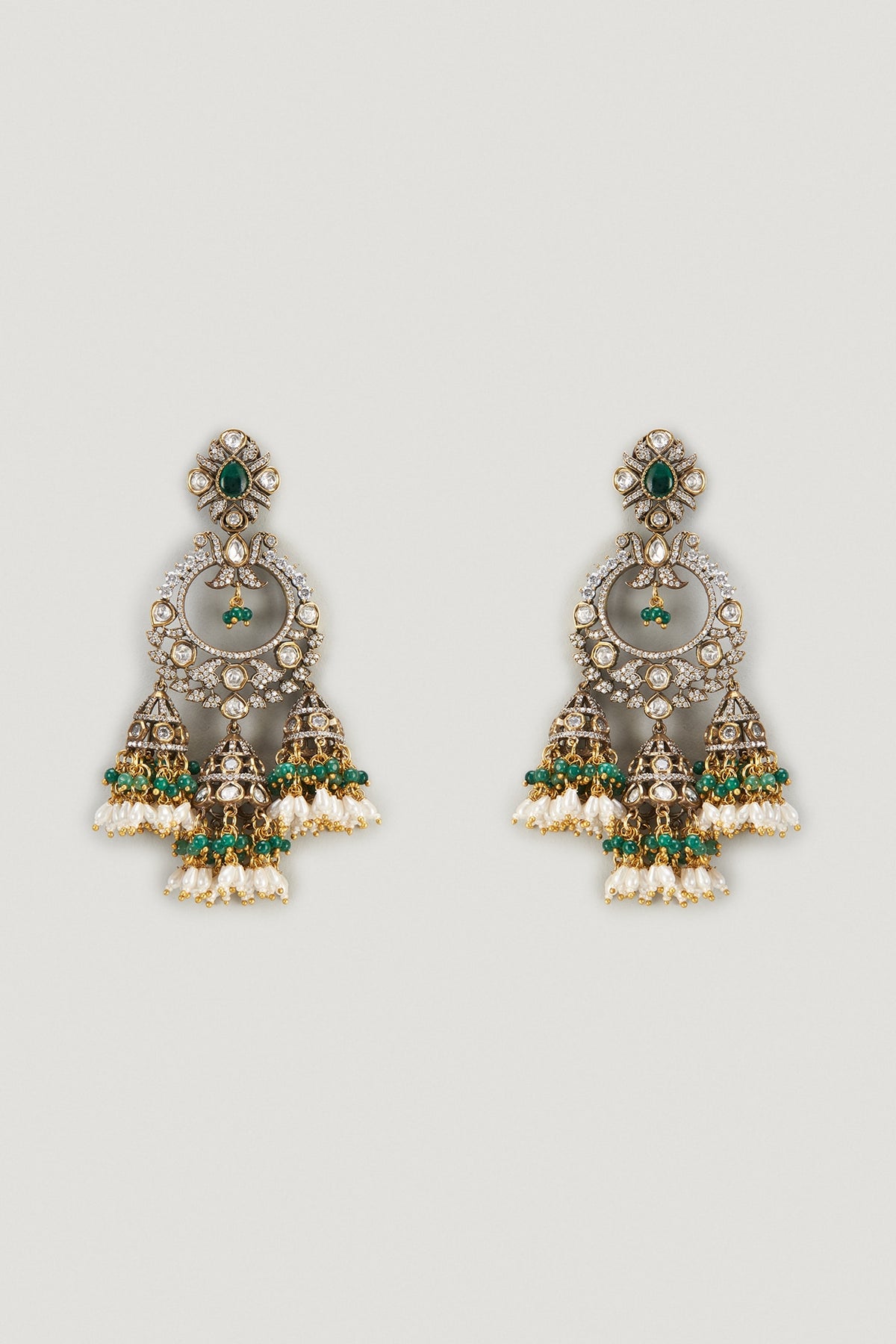 Two Tone Finish Kundan Polki & Green Stone Jhumka Earrings
