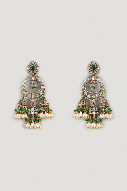 Two Tone Finish Kundan Polki & Green Stone Jhumka Earrings