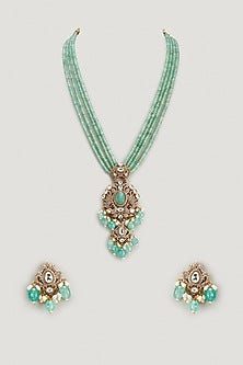 Two Tone Finish Kundan Polki & Green Stone Long Necklace Set