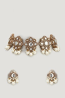 Two Tone Finish Kundan Polki & Pearl Choker Necklace Set