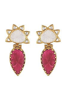 Gold Finish Kundan Polki & Carved Red Stone Earrings