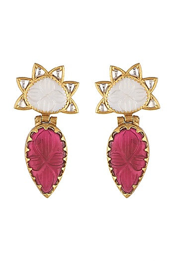 Gold Finish Kundan Polki & Carved Red Stone Earrings