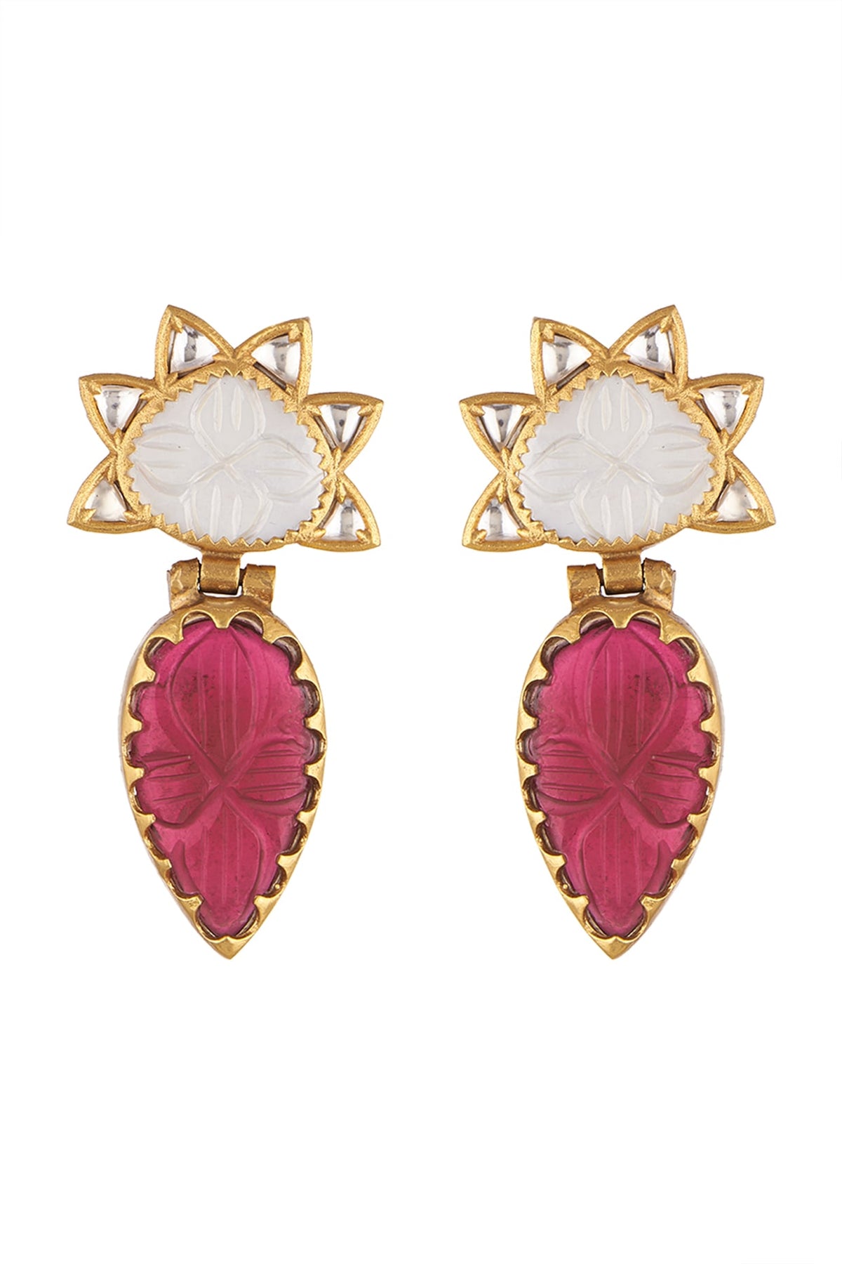 Gold Finish Kundan Polki & Carved Red Stone Earrings
