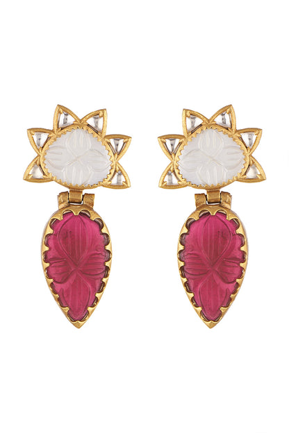 Gold Finish Kundan Polki & Carved Red Stone Earrings