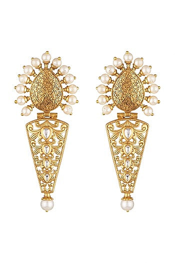 Gold Finish Kundan Polki & Pearl Earrings