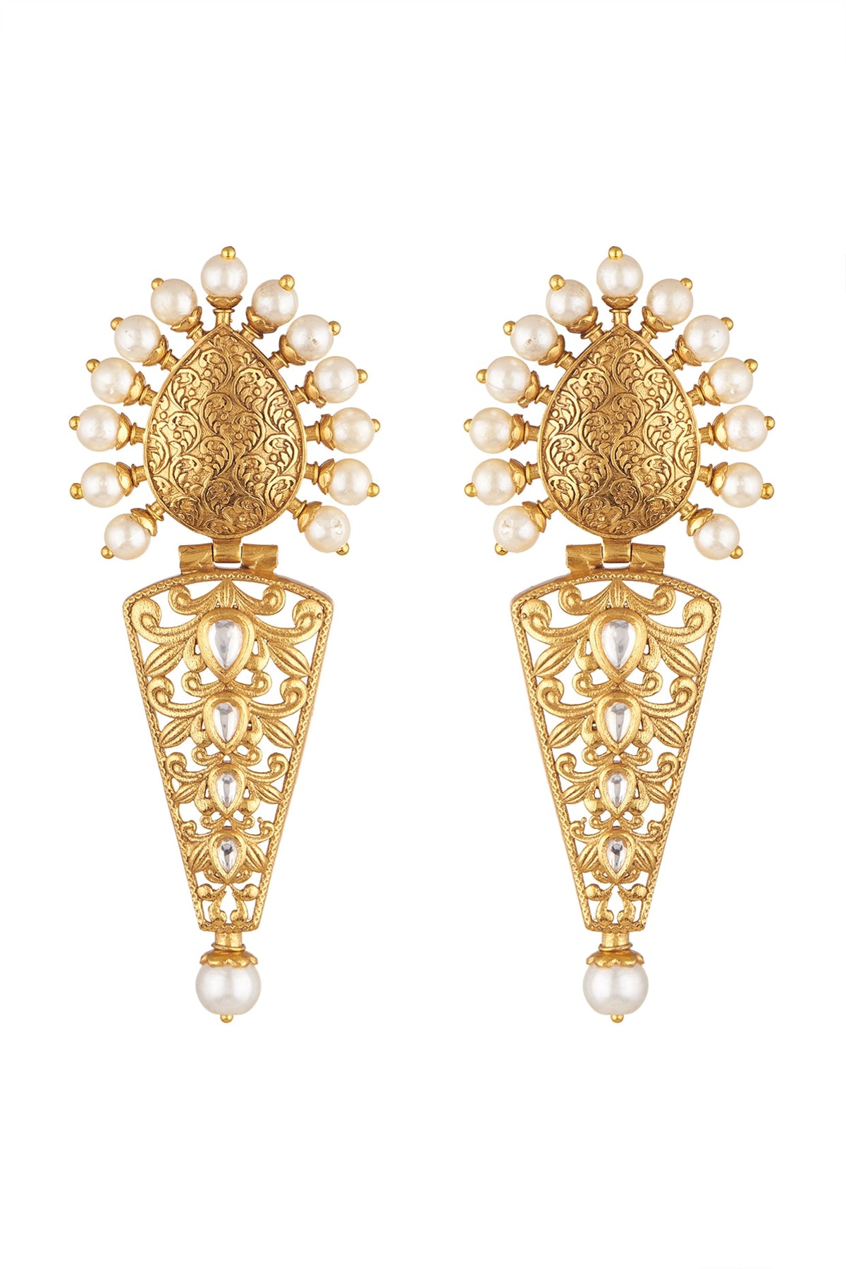Gold Finish Kundan Polki & Pearl Earrings