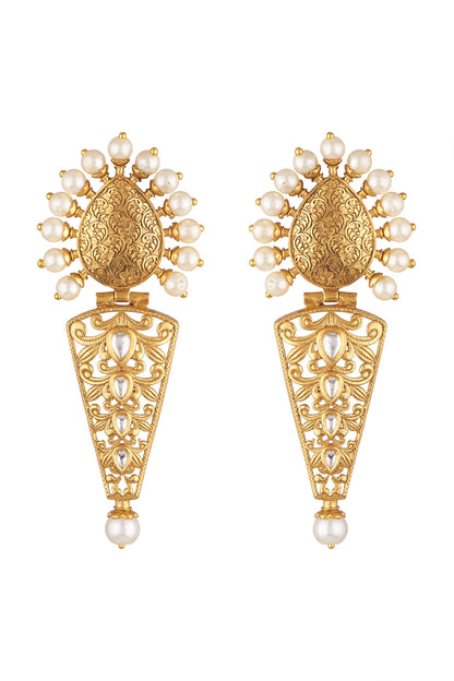 Gold Finish Kundan Polki & Pearl Earrings