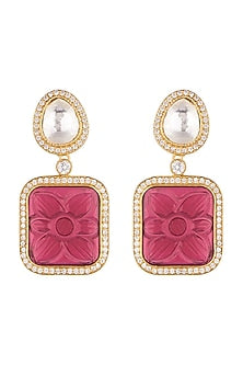 Gold Finish Kundan Polki & Carved Red Stone Earrings