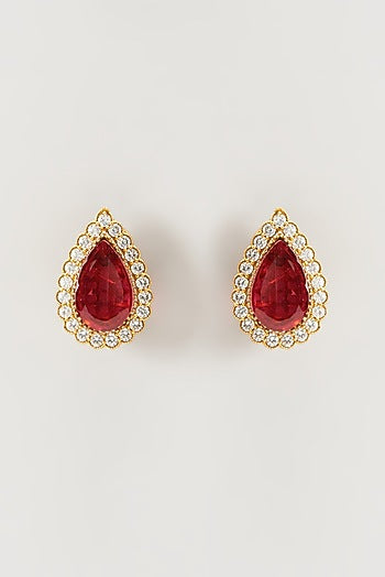 Gold Finish Kundan Polki & Ruby Synthetic Stone Stud Earrings