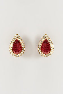 Gold Finish Kundan Polki & Ruby Synthetic Stone Stud Earrings