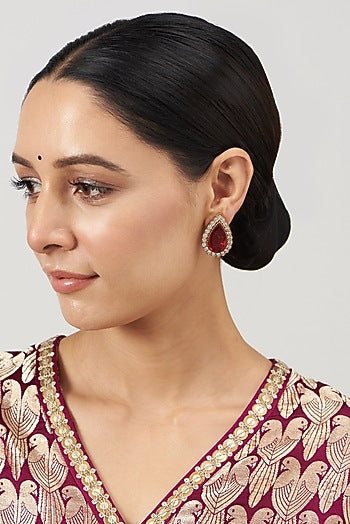 Gold Finish Kundan Polki & Ruby Synthetic Stone Stud Earrings