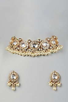 Gold Finish Kundan Polki & White Pearl Choker Necklace Set
