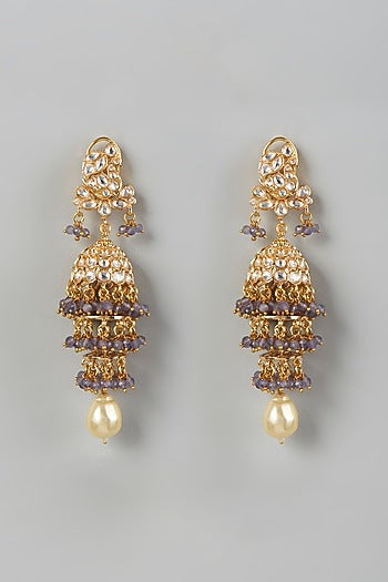 Gold Finish Kundan Polki & Grey Drop Beaded Dangler Earrings