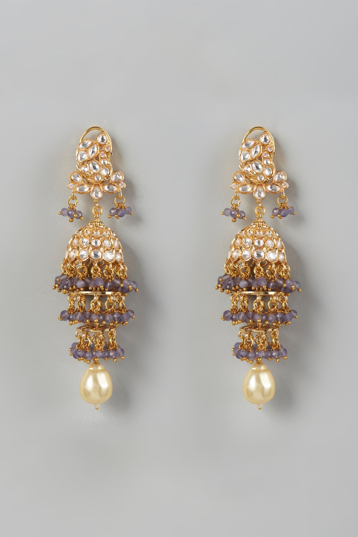 Gold Finish Kundan Polki & Grey Drop Beaded Dangler Earrings