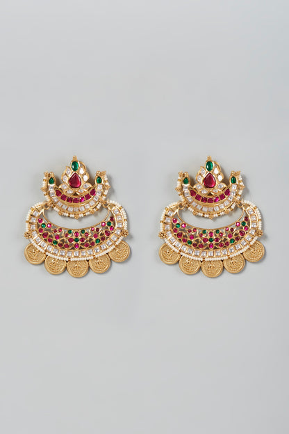 Gold Finish Kundan Polki & Multi-Colored Beaded Dangler Earrings