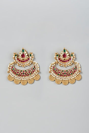 Gold Finish Kundan Polki & Multi-Colored Beaded Dangler Earrings