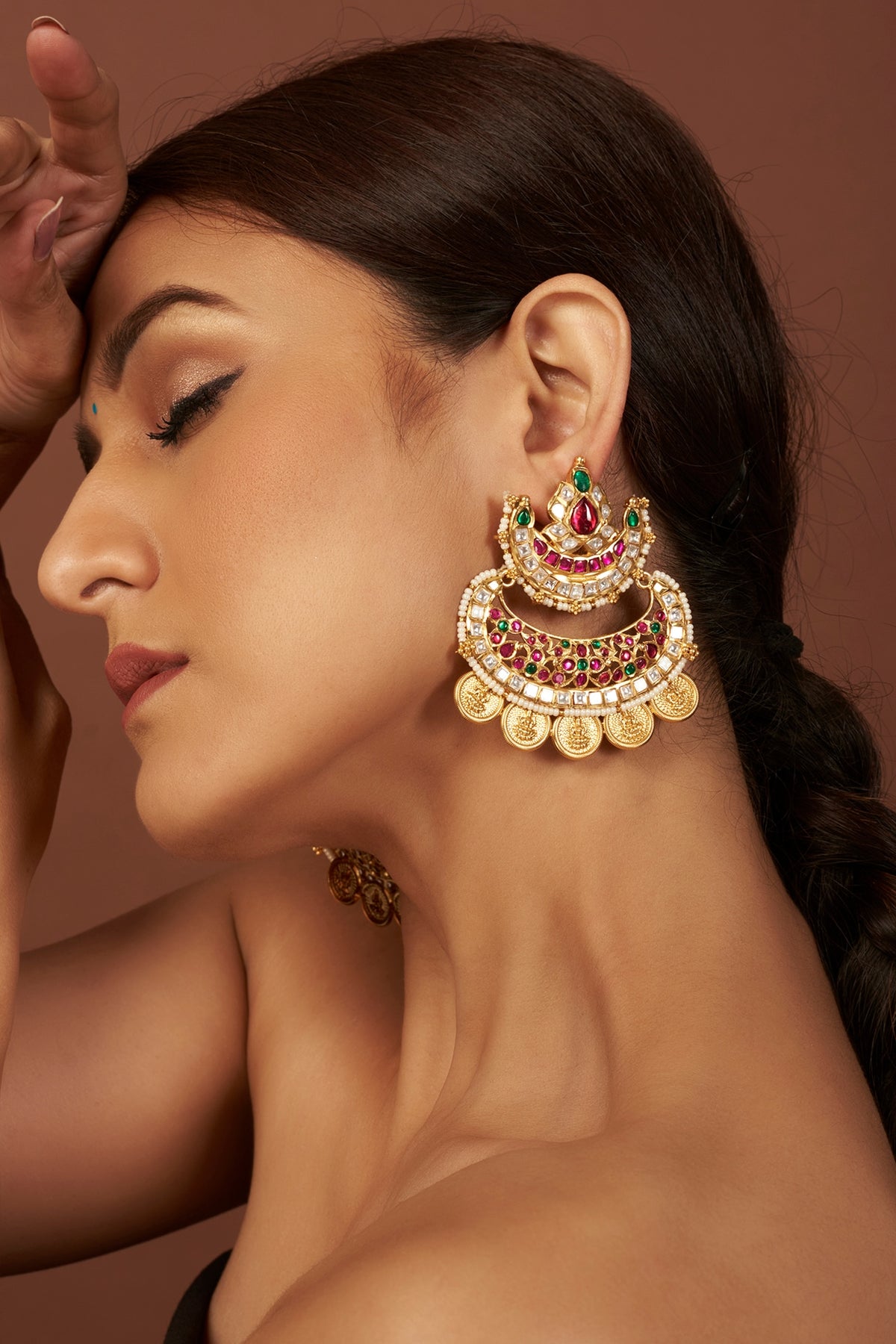 Gold Finish Kundan Polki & Multi-Colored Beaded Dangler Earrings